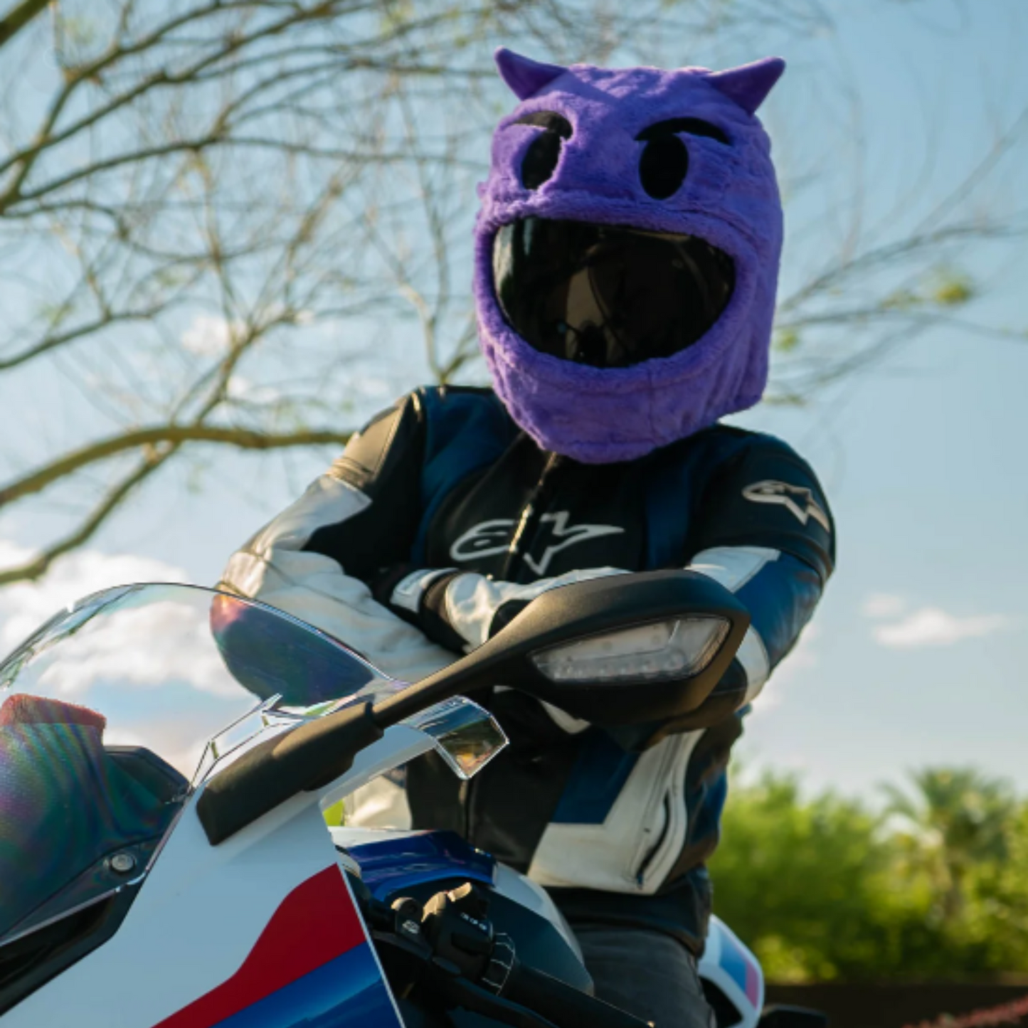 MOTORCYCLE HELMET COVER - PURPLE DEVIL EMOJI